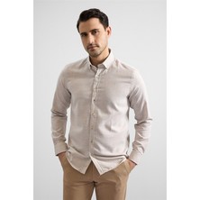 Süvari Ekru Slim Düğmeli Yaka Düz Cepsiz Casual Gömlek