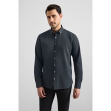 Süvari Antrasit Slim Düğmeli Yaka Düz Cepsiz Casual Gömlek