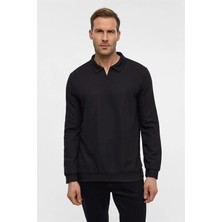 Süvari Siyah Regular Düz Fermuarlı Polo Yaka Sweatshirt