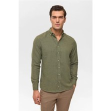 Süvari Haki Slim Düğmeli Yaka Düz Casual Gömlek