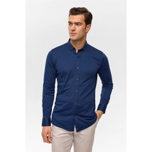Süvari Lacivert Slim Düğmeli Yaka Manşetli Casual Gömlek