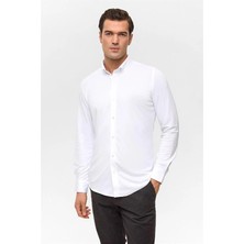 Süvari Beyaz Slim Düğmeli Yaka Manşetli Casual Gömlek