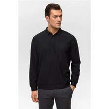 Süvari Siyah Regular Düz Fermuarlı Polo Yaka Sweatshirt