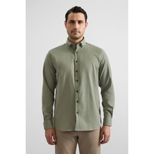 Süvari Koyu Yeşil Regular Düğmeli Yaka Düz Cepsiz Casual Gömlek