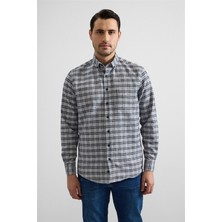 Süvari Gri Regular Düğmeli Yaka Kareli Casual Gömlek
