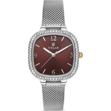 Welar WEL2512-6 Bordo Çelik Hasır Kordon Kare Taşlı Zarif Kadın Kol Saati 3 Atm Su Geçirmez