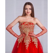 Epilons Mey Ithalat® Uzun Boy Kırmızı Puantiyeli Kırmızı Renk Yetişkin Tül Eldiven 55 cm