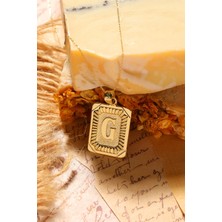 Moom Mücevherat Kadın 14 Ayar Altın Kare Harf Kolye G Harfi Altın Kolye Zincirli Harf Kolye