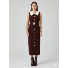 On Triko Önlük Yaka Beli Kemerli Süs Düğmeli Elbise 70412