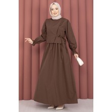 Asm Güpür Şeritli Elbiseli İkili Takım Kahve