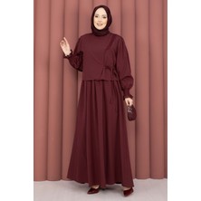 Asm Güpür Şeritli Elbiseli İkili Takım Bordo