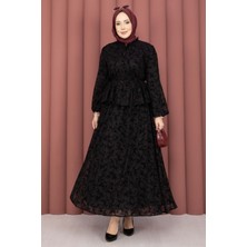 SVS Flok Baskılı Yaka Fırfır Detaylı Içi Astarlı Etek Takım Siyah