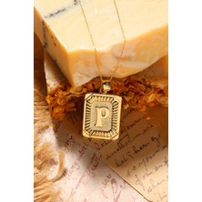 Moom Mücevherat Kadın 14 Ayar Altın Kare Harf Kolye P Harfi Altın Kolye Zincirli Harf Kolye