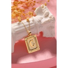 Moom Mücevherat Kadın 14 Ayar Altın Kare Harf Kolye C Harfi Altın Kolye Zincirli Harf Kolye