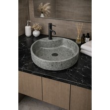 Taş Atölyesi Mermer Desenli Tezgah Üstü Yuvarlak Çanak Taş Lavabo 45 cm Musluk Delikli