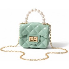 Rugan Su Yeşili Inci Detay Silikon Çapraz El Omuz Çantası Kadın Genç Kız Çocuk Bebek Hediyelik