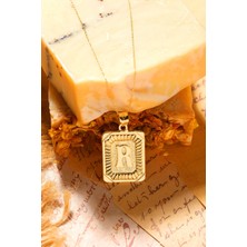 Moom Mücevherat Kadın 14 Ayar Altın Kare Harf Kolye R Harfi Altın Kolye Zincirli Harf Kolye