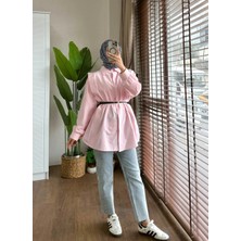Miraydin Butik Omuz Volanlı Düğmeli Kemerli Tesettür Gömlek - Pembe