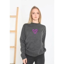 Mzp Kartan Baskılı Uzun Kol Bisiklet Yaka Dokuma Triko - Füme