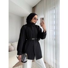 Miraydin Butik Omuz Volanlı Düğmeli Kemerli Tesettür Gömlek - Siyah
