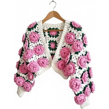 Asfaka Güllü Hırka Kadın El Örgüsü Pembe Crop Hırka Motifli %100 Pamuk Klasik Uzun Kol