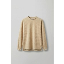 Erkek Oversize Yuvarlak Yaka Fitilli Kadife Sweatshirt Bej
