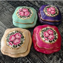 Manushum El Boyama Porselen Limoges Kare Kapaklı Kutu-Koyu Pembe