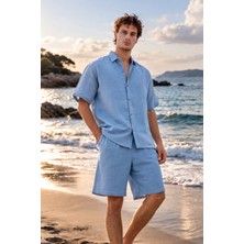 Pobudo Müslin Kumaş Mavi Yazlık Takım - Gömlek ve Şort Takım