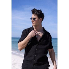 Pobudo Gömlek Yaka Siyah Renk Yıkamalı Keten Takım