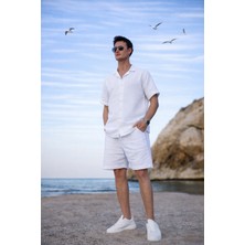 Pobudo Gömlek Yaka Beyaz Renk Yıkamalı Keten Takım