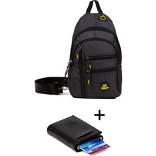 Newish Polo Keten Kumaş USB Kulaklık Çıkışlı Göğüs Omuz  Çantası ve Mekanizmalı Cüzdan Kartlık - Siyah - NEWPOLO122
