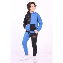 Toontoy Erkek Çocuk 2'li Takım Baskılı Kapüşonlu Cepli Sweatshirt & Beli Paçası Lastikli Cepli Jogger Eşofman Altı - Renk Bloklu & 2 Iplik