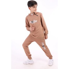 Toontoy Erkek Çocuk 2'li Takım Baskılı Kapüşonlu Fermuarlı Sweatshirt & Beli Paçası Lastikli Cepli Jogger Eşofman Altı - 2 Iplik