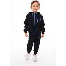 Toontoy Erkek Çocuk 2'li Takım Baskılı Kapüşonlu Fermuarlı Cepli Sweatshirt & Beli Paçası Lastikli Jogger Eşofman Altı - 3 Iplik Şardonlu
