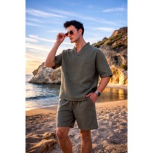 Pobudo V Yaka Haki Renk  Yıkamalı  Keten Takım