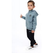 Toontoy Erkek Çocuk 2'li Takım Baskılı Kapüşonlu Fermuarlı Sweatshirt & Beli Paçası Lastikli Jogger Eşofman Altı - 3 Iplik Şardonlu