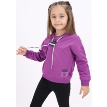 Toontoy Kız Çocuk Relax Fit Bisiklet Yaka Düşük Omuz Baskılı Sweatshirt - Bağcık Detaylı & 2 Iplik