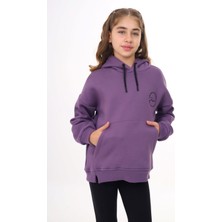 Toontoy Kız Çocuk Oversize Kapüşonlu Cepli Düşük Omuz Baskılı Yırtmaçlı Sweatshirt - 3 Iplik Şardonlu