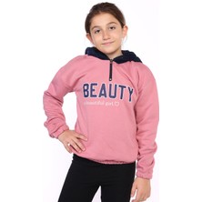 Toontoy Kız Çocuk Oversize Kapüşonlu Fermuarlı Düşük Omuz Baskılı Lastikli Sweatshirt - 3 Iplik Şardonlu