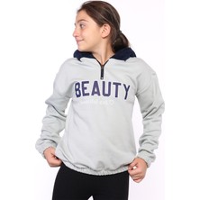 Toontoy Kız Çocuk Oversize Kapüşonlu Fermuarlı Düşük Omuz Baskılı Lastikli Sweatshirt - 3 Iplik Şardonlu