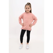 Toontoy Kız Çocuk 2'li Takım Baskılı Kapüşonlu Düşük Omuz Cepli Yırtmaçlı Sweatshirt & Basic Düz Tayt