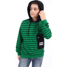 Toontoy Erkek Çocuk Oversize Kapüşonlu Düşük Omuz Baskılı Çizgili Sweatshirt - Garni Detaylı & 2 Iplik