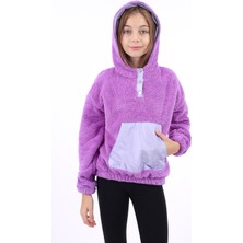 Toontoy Kız Çocuk Oversize Kapüşonlu Çıtçıtlı Cepli Düşük Omuz Peluş Sweatshirt - Garnili
