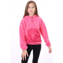 Toontoy Kız Çocuk Oversize Kapüşonlu Çıtçıtlı Cepli Düşük Omuz Peluş Sweatshirt - Garnili
