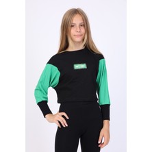 Toontoy Kız Çocuk Relax Fit Bisiklet Yaka Düşük Omuz Baskılı Crop Sweatshirt - Renk Bloklu & 2 Iplik