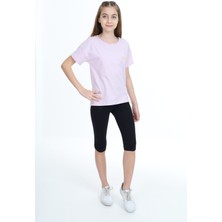 Toontoy Kız Çocuk 2'li Takım Baskılı Bisiklet Yaka T-Shirt & Basic Düz Crop Tayt