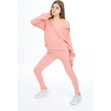 Toontoy Kız Çocuk 2'li Takım Baskılı Kapüşonlu Düşük Omuz Çıtçıtlı Sweatshirt & Basic Düz Tayt