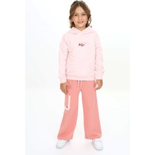 Toontoy Kız Çocuk 2'li Takım Baskılı Kapüşonlu Sweatshirt & Beli Lastikli Bol Paça Cepli Eşofman Altı - Renk Bloklu & 2 Iplik
