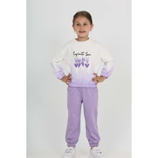 Toontoy Kız Çocuk 2'li Takım Baskılı Bisiklet Yaka Sweatshirt & Beli Paçası Lastikli Cepli Jogger Eşofman Altı - Renk Bloklu & 2 Iplik