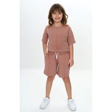 Toontoy Kız Çocuk 2'li Takım Baskılı Bisiklet Yaka T-Shirt & Beli Lastikli Cepli Şort - Nervür Detaylı & Yıkamalı